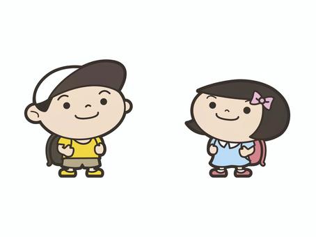 小学生（男の子・女の子） 児童,子ども,男の子,女の子,小学生,低学年,１年生,ランドセル,学校,帽子のイラスト素材