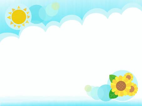 ひまわりと夏の空のイラスト 夏,ひまわり,花,植物,雲,入道雲,空,太陽,お日様,光のイラスト素材