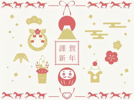 シンプルお正月イラストセット 午年 シンプルお正月イラストセット 午年 正月,セット,年賀状,午年,馬,富士山,しめ縄,門松,だるま,鏡餅のイラスト素材