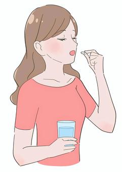 サプリを飲む女性のイラスト