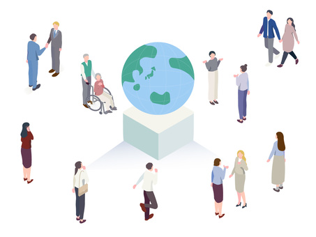 地球と人のアイソメトリック 地球,地球儀,テクノロジー,車椅子,シニア,老人,男性,女性,会社員,スーツのイラスト素材