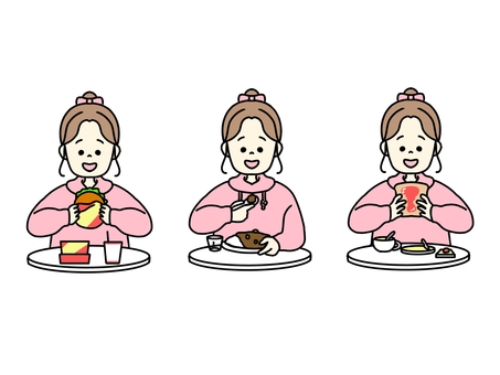 いろんなご飯を食べる少女 ハンバーガー,カレーライス,トースト,女,女の子,女性,嬉しい,パーカー,食事,テーブルのイラスト素材