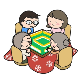 ４人でこたつ麻雀を楽しむ老若男女 麻雀,こたつ,四人麻雀,4人,卓,牌,健康麻雀,趣味,メンツ,グループのイラスト素材