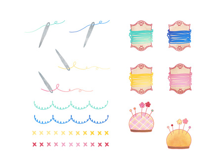 ハンドメイド　カラフルな針と糸 ハンドメイド,手芸,針,まち針,手作り,糸,ピンクッション,ステッチ,ライン,アイコンのイラスト素材