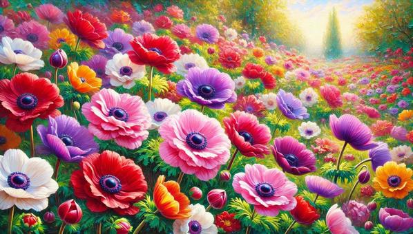 Anemones in full bloom in the field (oil painting), JPG Anemones in full bloom in the field (oil painting), anemones, spring, flower, JPG