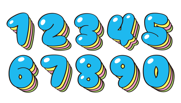 オリジナル数字セットF　テカリ多重影　 数字,フォント,オリジナル,文字,フチ文字,袋文字,丸文字,ポップ,ラフ,落書き風のイラスト素材