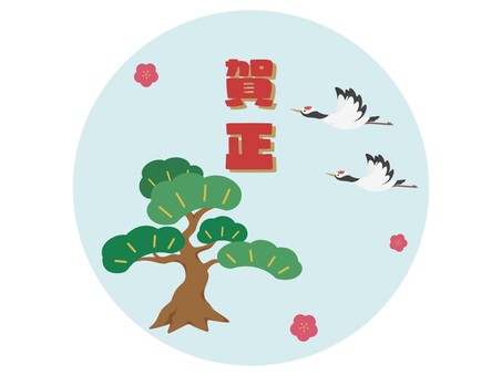 鶴と松の賀正アイコン　ブルー 賀正,アイコン,背景,文字,文字入り,ブルー,水色,青,松,松の木のイラスト素材