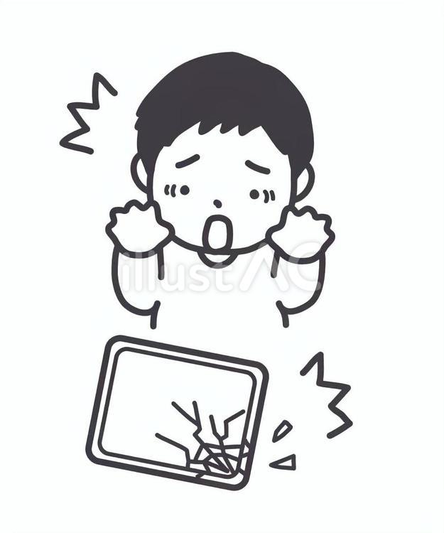 タブレットを壊した男の子　モノクロ タブレット,パッド,ひびのイラスト素材