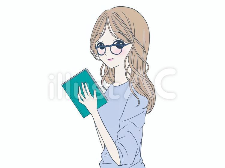 本を持つ女性（メガネあり） 女性,人物,メガネのイラスト素材