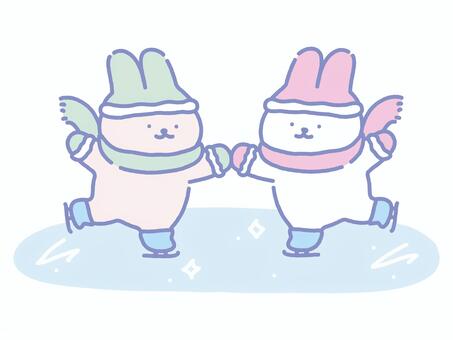 スケートを楽しむ2匹のパステルうさぎ うさぎ,動物,友達,家族,兄弟,カップル,冬,氷,滑る,ウィンタースポーツのイラスト素材