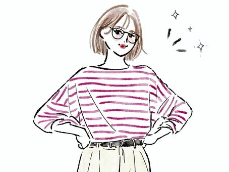 腰に手を当てて自信のある眼鏡ボブの女性 女性,めがね,ボブ,ボーダー,えっへん,偉い,すごい,自信,発表,堂々のイラスト素材
