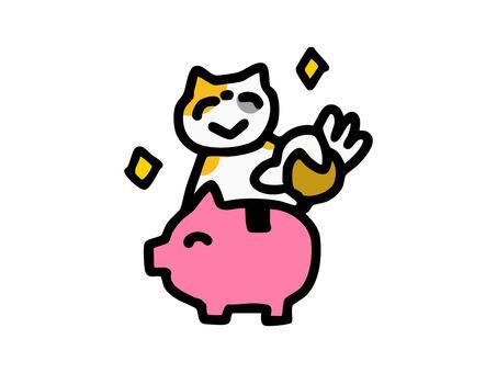貯金箱に貯金するネコ ネコ,三毛猫,貯金箱,貯金,お金,硬貨,コイン,貯蓄,節約,資産のイラスト素材