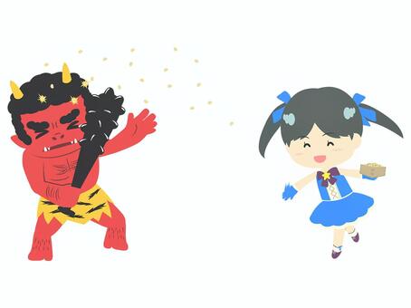 赤鬼に豆を投げるアイドル（青） 節分,女の子,豆,豆まき,赤鬼,金棒,投げる,妖怪,アイドル,可愛いのイラスト素材
