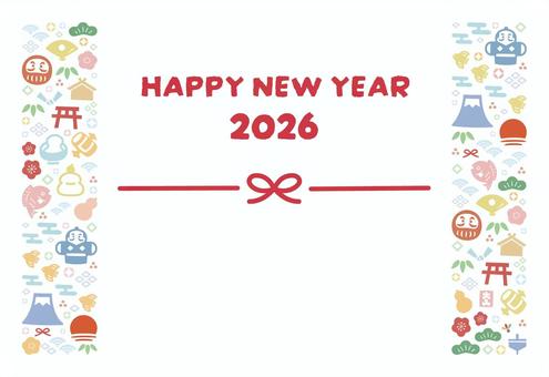 お正月モチーフの柄の2026年年賀状02 年賀状,正月,お正月,2026,2026年,2026年年賀状,和風,フレーム,背景,枠のイラスト素材