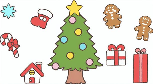 クリスマスツリーと装飾セットイラスト