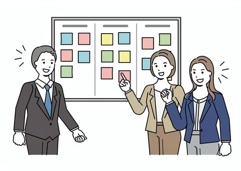 ホワイトボードで会議するビジネスマンたち 仕事,スーツ,ビジネスマン,ビジネスウーマン,会議,ブレインストーミング,ブレスト,女性,男性,ホワイトボードのイラスト素材