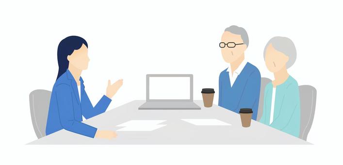 窓口でお客様の接客をするビジネスパーソン 説明,相談,提案,商談,接客,打ち合わせ,窓口,カウンター,案内,営業のイラスト素材