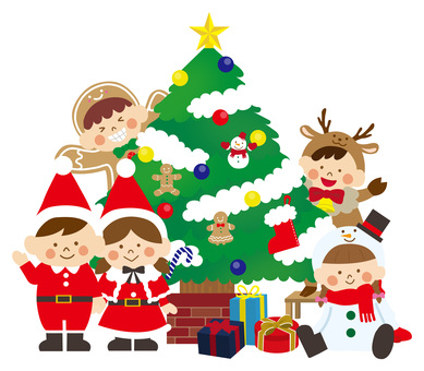 クリスマスパーティーを楽しむ子ども達 クリスマス,クリスマスパーティー,保育,サンタクロース,ジンジャーブレッドマン,雪だるま,トナカイ,クリスマスツリー,プレゼント,１２月のイラスト素材