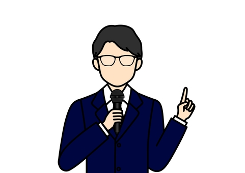 マイクを持って講義・司会・挨拶をする男性 マイク,講師,先生,講義,講習,男性,スーツ,ネクタイ,ビジネス,メガネのイラスト素材