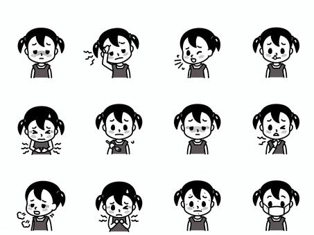 病気の症状　女の子　白黒 病気,女の子,症状,白黒,子供,発熱,頭痛,咳,鼻水,腹痛のイラスト素材