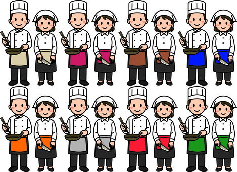 厨房スタッフです。 厨房,スタッフ,シンプル,キッチン,料理人,調理,シェフ,コック,レストラン,飲食店のイラスト素材