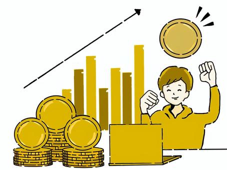 右肩上がりにコインを増やす若い男性茶色 お金,投資,右肩上がり,コイン,増やす,増える,パソコン,男性,人物,手描きのイラスト素材
