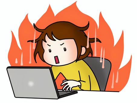 パソコン作業に燃える人 燃える,炎,熱心,集中,集中力,やる気,取り組む,仕事,作業,パソコンのイラスト素材