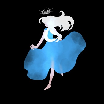 絵本のような女の子 女の子,手描き,王冠,ドレス,裸足,ファンタジー,主線なし,絵本風,後ろ姿のイラスト素材