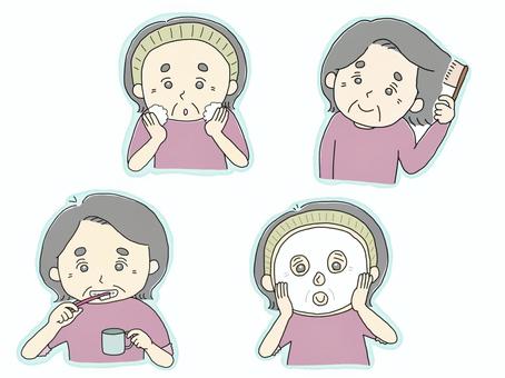 身だしなみを整えるおばあちゃん おばあちゃん,お年寄り,高齢者,洗顔,歯磨き,ブラッシング,パック,介護,福祉,身だしなみのイラスト素材