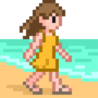 ドット絵のビーチを歩く黄色服の少女です。 ドット絵,ビーチ,シンプル,ワンピース,少女,海岸,砂浜,波,夏,歩くのイラスト素材