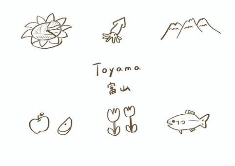 富山モチーフの手描き線画素材 富山,toyama,北陸,立山連峰,ます寿司,ホタルイカ,チューリップ,ブリ,りんご,海産物のイラスト素材