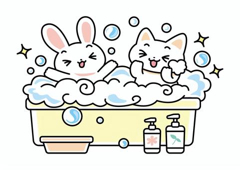 うさぎさんとねこさんのお風呂タイム ウサギ,ネコ,お風呂,泡風呂,入浴剤,バブルバス,バスタブ,入浴,かわいい,ベクターのイラスト素材