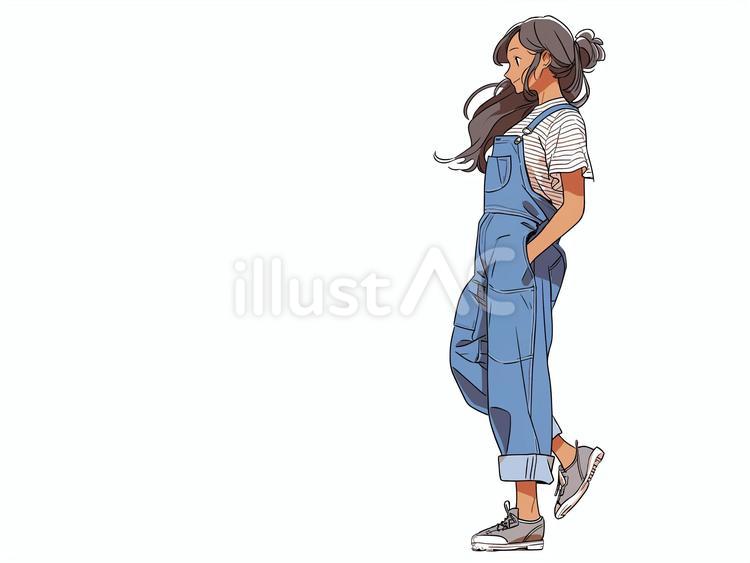 デニムのオーバーオールを着た女性 オーバーオール,デニム,服のイラスト素材