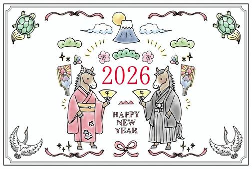 年賀状2026（035） 年賀状,正月,線画,手書き,フリーハンド,シンプル,イラスト,袴,元旦,扇のイラスト素材