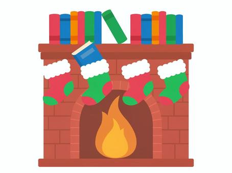 クリスマスな暖炉と本（主線なし） 本,クリスマス,冬,暖炉,靴下,プレゼント,主線なしのイラスト素材