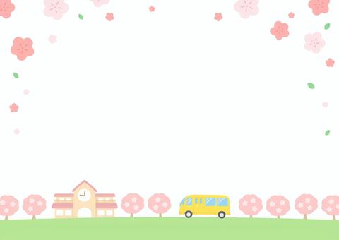 卒園・入園 春の幼稚園と幼稚園バスの背景 桜,さくら,春,背景,フレーム,花,入園,卒園,入園式,卒園式のイラスト素材