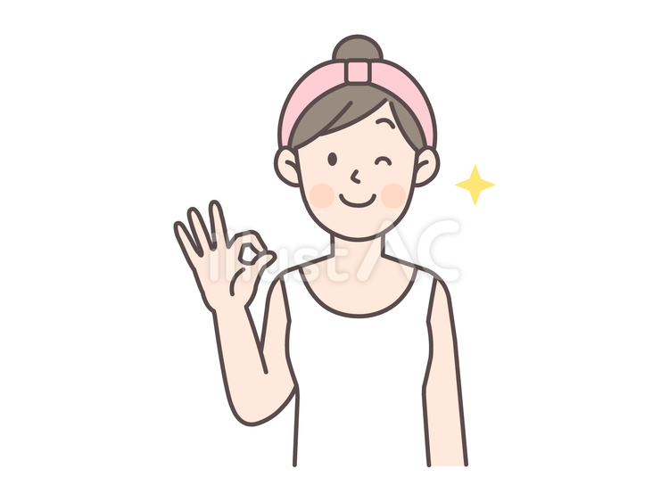 OKサインとウィンクする洗顔美容の女性 女性,ヘアバンド,かわいいのイラスト素材