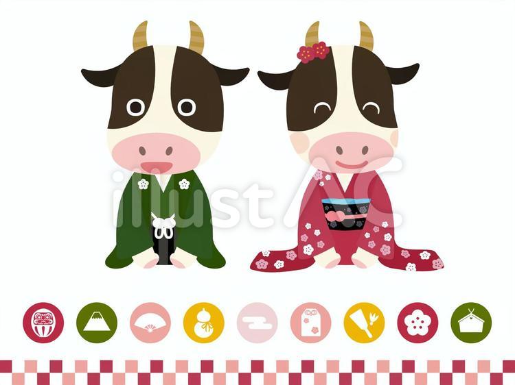 新年の挨拶牛さん 丑,牛,ウシのイラスト素材