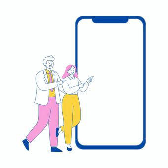 スマホ画面を指差す男女 スマホ画面を指差す男女 人物,スマホ,男性,女性,フレーム,指差し,笑顔,操作,案内,情報のイラスト素材