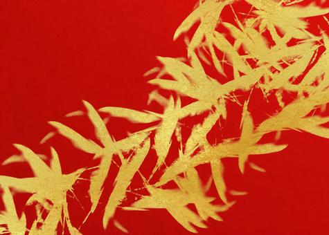 金色の葉の和風背景 背景,葉,和風,和紙,赤色,金色,金箔,笹の葉,竹,シルエットのイラスト素材