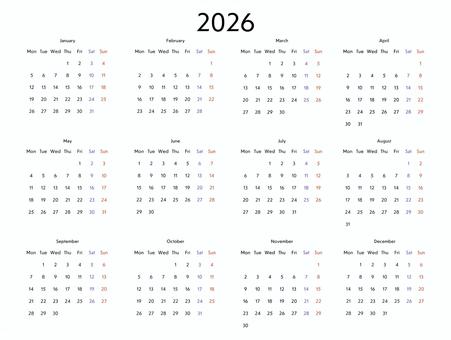 2026年カレンダー｜月曜始まり・土日 カレンダー,2026,スケジュール,プランナー,休日,土日,ベクター,シンプル,月曜始まりのイラスト素材