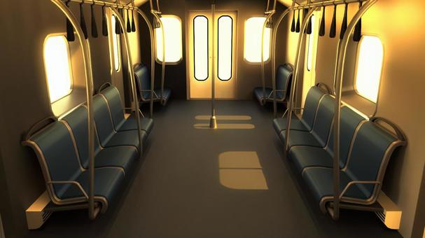 海外風の電車の無人の夕方の車内 電車,電車内,背景,乗り物,座席,吊り革,公共機関,交通機関,通勤,通学のイラスト素材