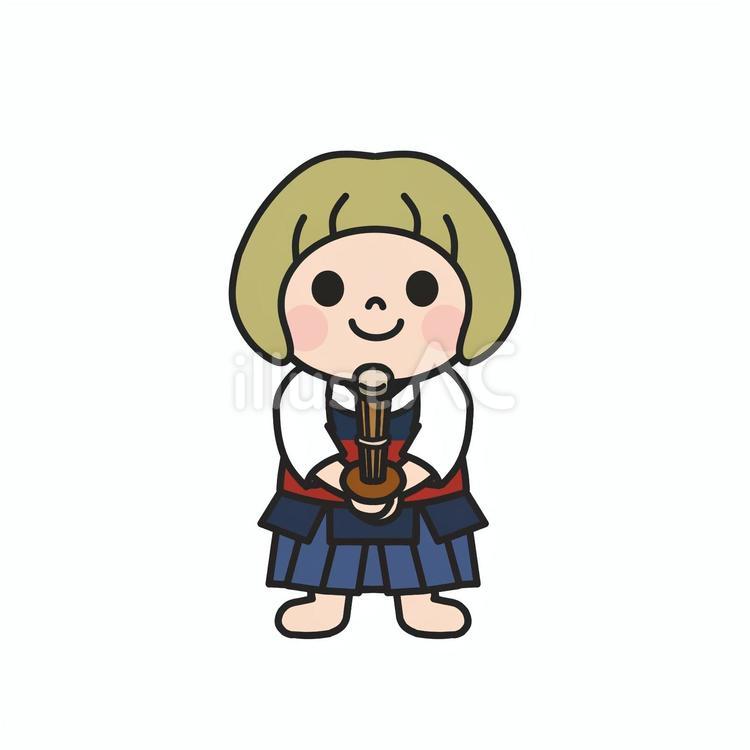 ワクワクしながら竹刀を握り構える子ども2 剣道,竹刀,袴のイラスト素材