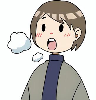 冬　人物　白い息 冬,寒い,ひんやり,人物,白い息,長袖,タートルネック,茶髪,バストアップ,手描きのイラスト素材