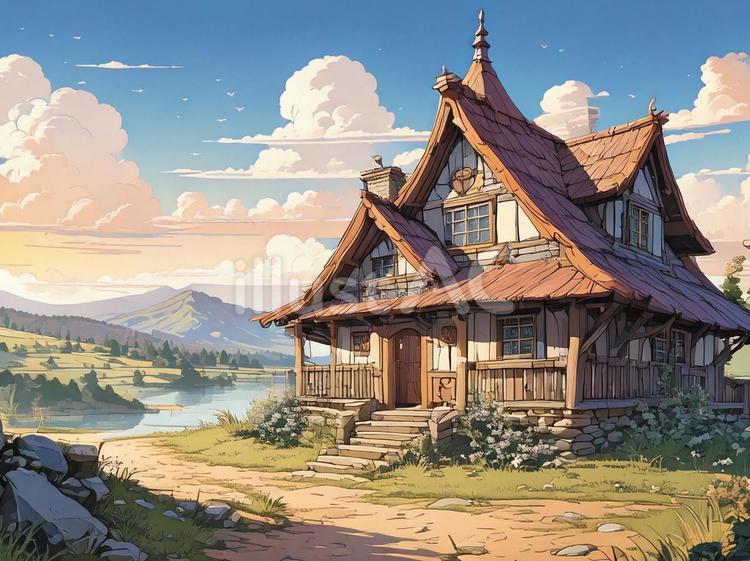 ファンタジーやゲーム風の家の背景イラスト 家,建物,ゲーム風のイラスト素材