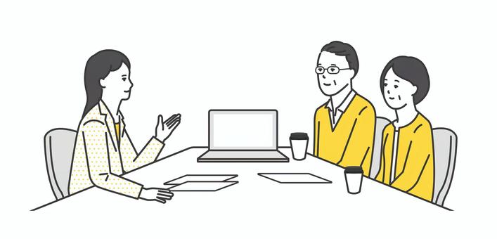 窓口でお客様の接客をするビジネスパーソン 説明,相談,提案,商談,接客,打ち合わせ,窓口,カウンター,案内,営業のイラスト素材