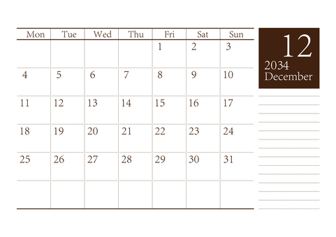 月曜始まりカレンダー2034年12月A4 月曜始まり,12月,１２月,カレンダー,2034年カレンダー,2034,令和16年,2034カレンダー,シンプル,テンプレートのイラスト素材