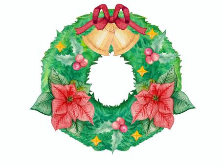【水彩】クリスマスリース2 リース,クリスマスリース,ベル,鐘,リボン,ポインセチア,ヒイラギ,星,キラキラ,オブジェのイラスト素材