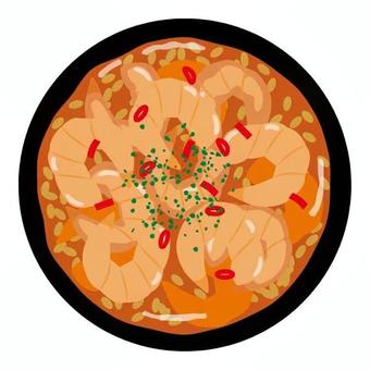 エビのアヒージョ スペイン,外国,社会,エビ,アヒージョ,ニンニク,オリーブオイル,皿,赤色,橙色のイラスト素材