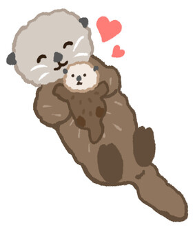 赤ちゃんを抱っこして笑顔のラッコの親子 ラッコ,親子,赤ちゃん,泳ぐ,水族館,仲良し,子ども,子育て,抱っこ,顔のイラスト素材